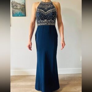 Elegant Navy Blue Beaded Evening Gown
